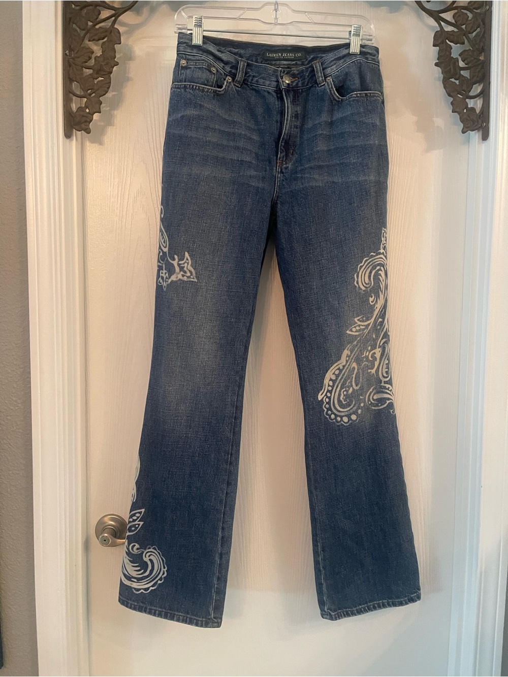 Ralph Lauren Blue Wide-Leg Jeans with White Paisley Design